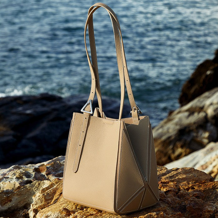 Women's Elegant Camel Textured Leather Shoulder Tote