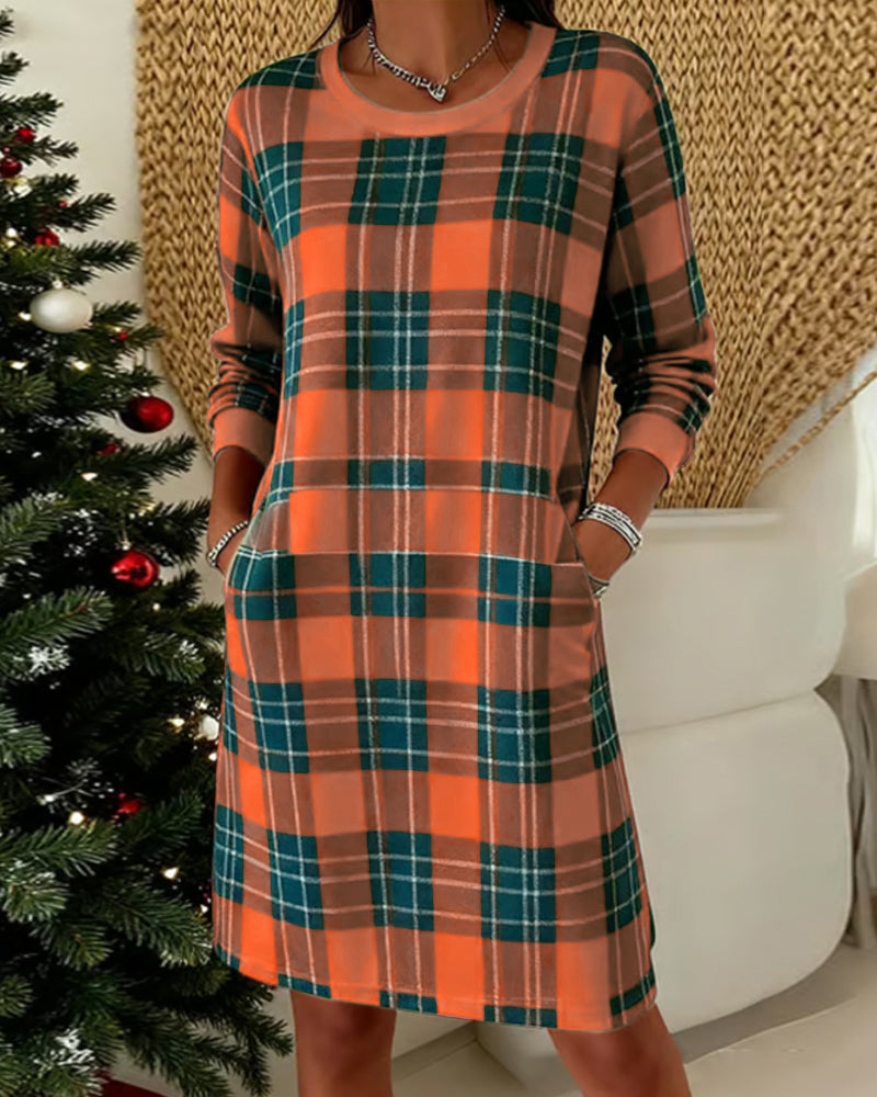 Christmas checkered sweatshirt dress with long sleeves