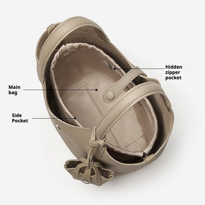 Women's Elegant Pebbled Leather Bucket Bag with Mini Pouch