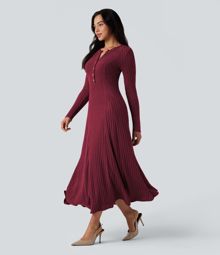 Ribbed Knit | Henley Neck Long Sleeve Flowy Maxi Casual Dress