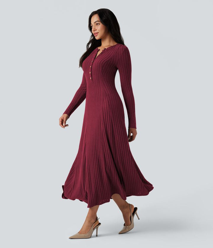 Ribbed Knit | Henley Neck Long Sleeve Flowy Maxi Casual Dress