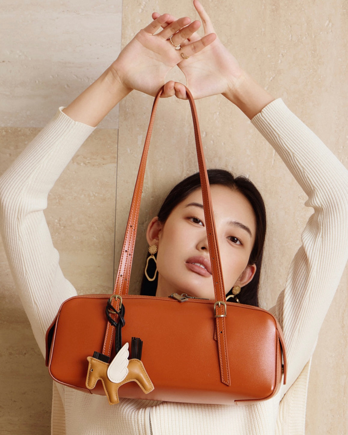 Women's Genuine Leather Retro Bowling Bag with Horse Charm