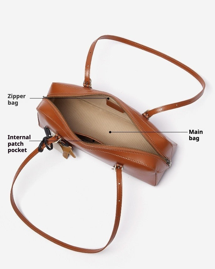 Women's Genuine Leather Retro Bowling Bag with Horse Charm