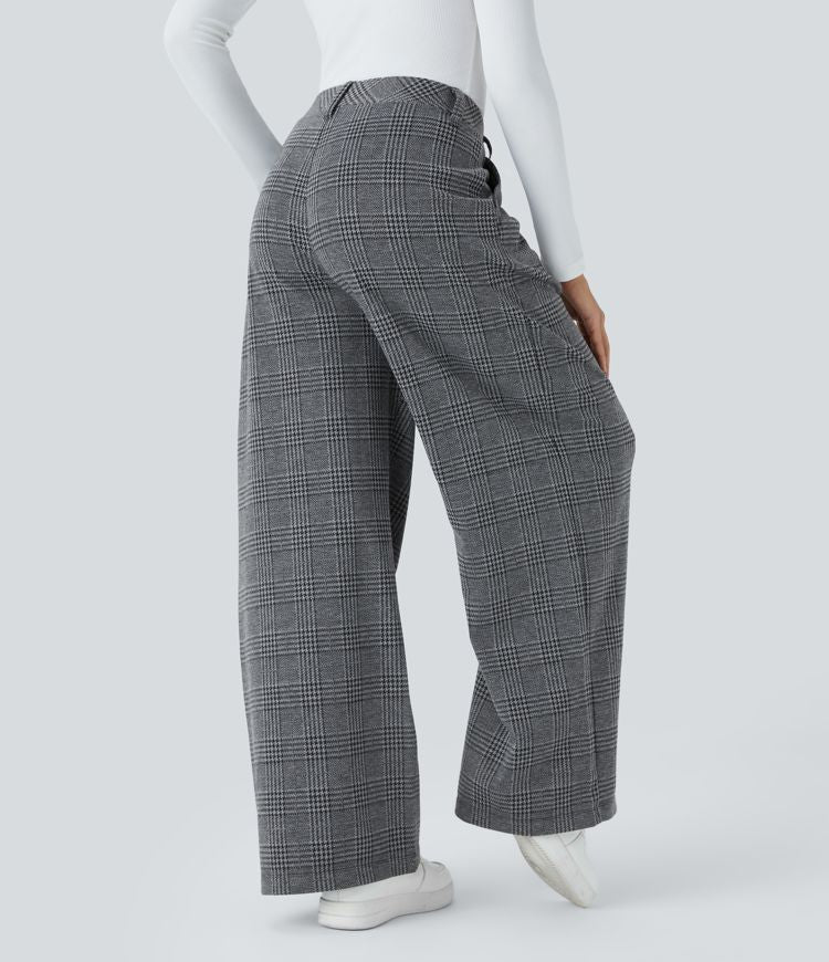 High Waisted - Pocket Wide Leg Houndstooth Plaid Casual Trousers