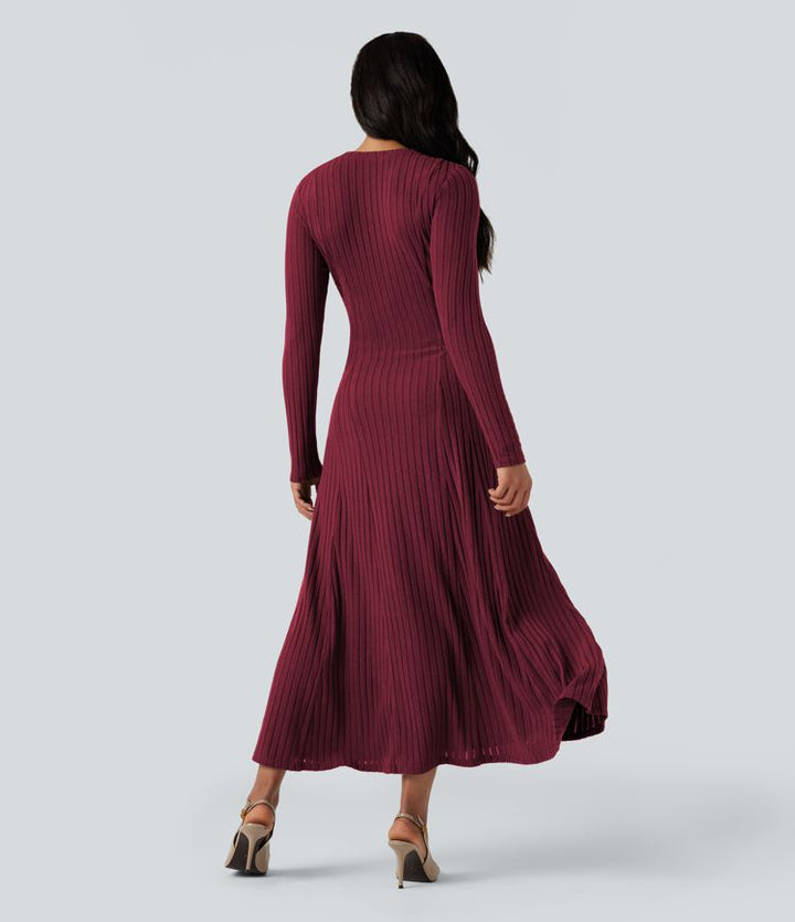 Ribbed Knit | Henley Neck Long Sleeve Flowy Maxi Casual Dress
