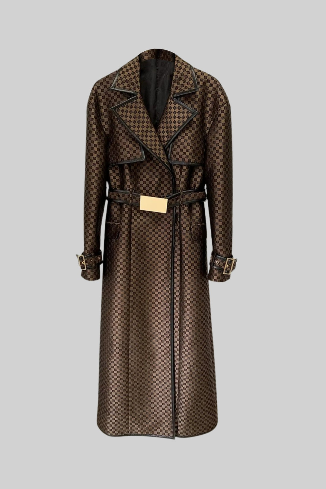 Jacquard Trench Coat With Gold Buckle Waist Belt - Brown