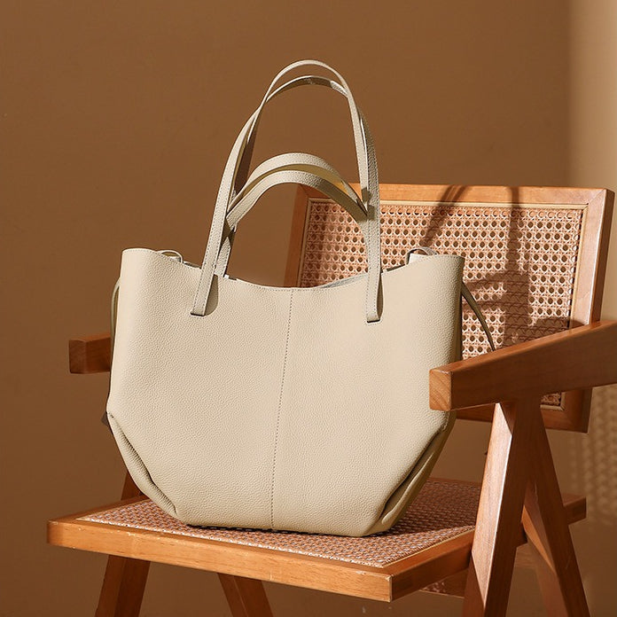 Elegant Genuine Pebbled Leather Tote Bag with Pouch