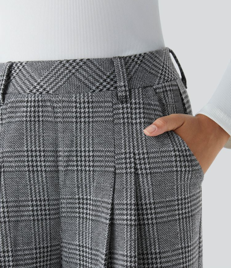 High Waisted - Pocket Wide Leg Houndstooth Plaid Casual Trousers