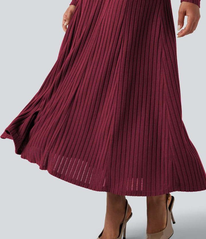 Ribbed Knit | Henley Neck Long Sleeve Flowy Maxi Casual Dress