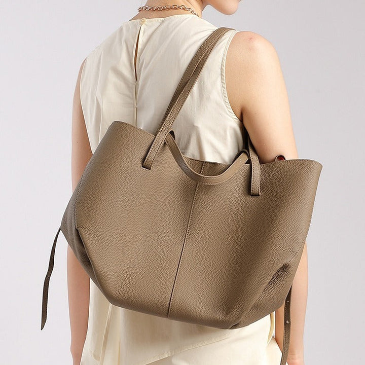 Elegant Genuine Pebbled Leather Tote Bag with Pouch