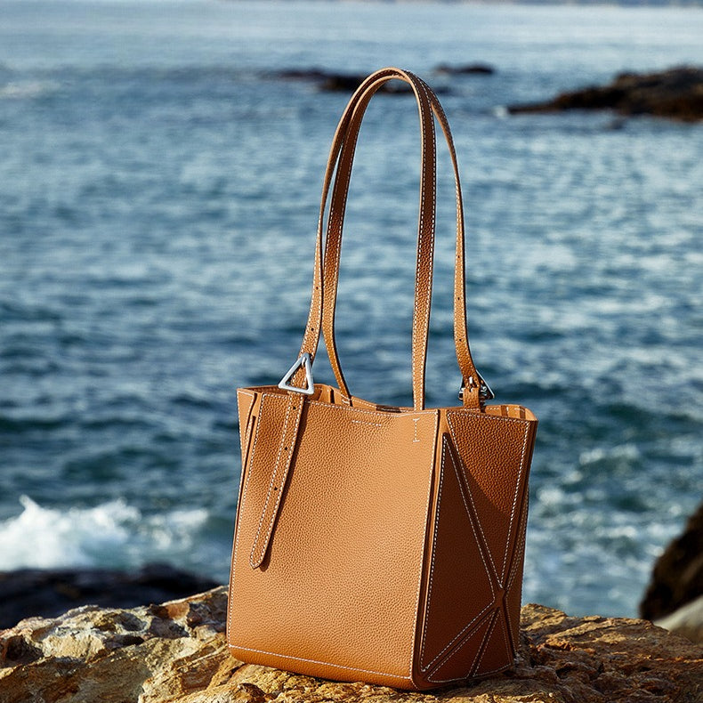 Women's Elegant Camel Textured Leather Shoulder Tote