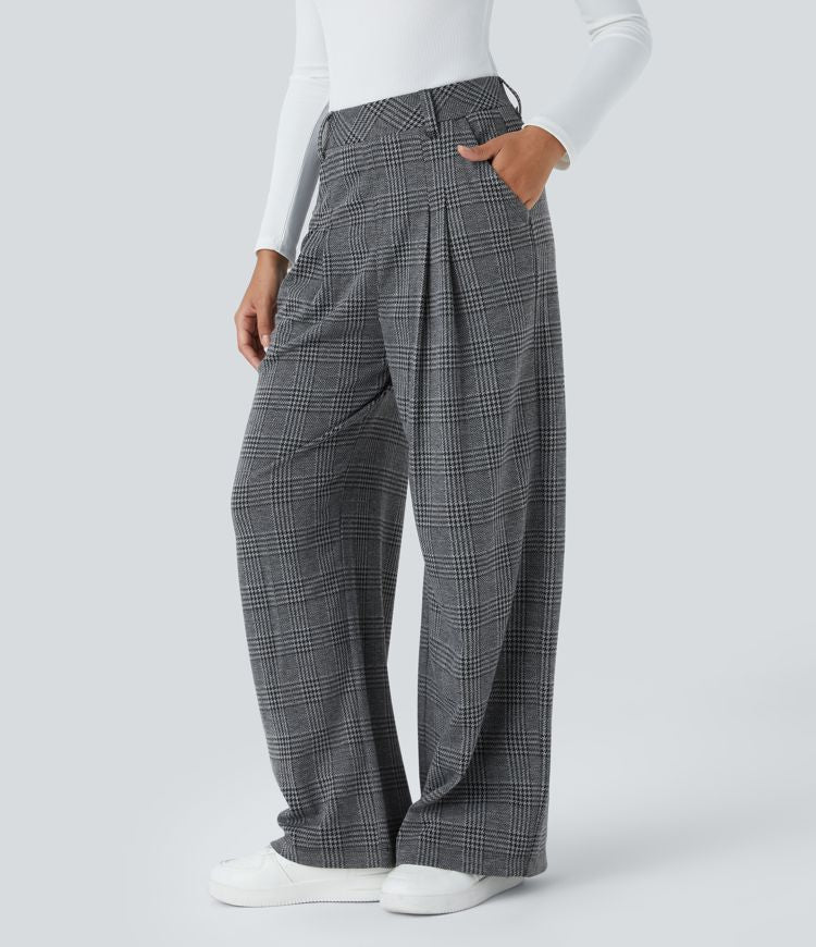 High Waisted - Pocket Wide Leg Houndstooth Plaid Casual Trousers