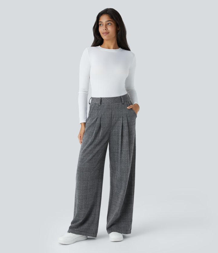High Waisted - Pocket Wide Leg Houndstooth Plaid Casual Trousers