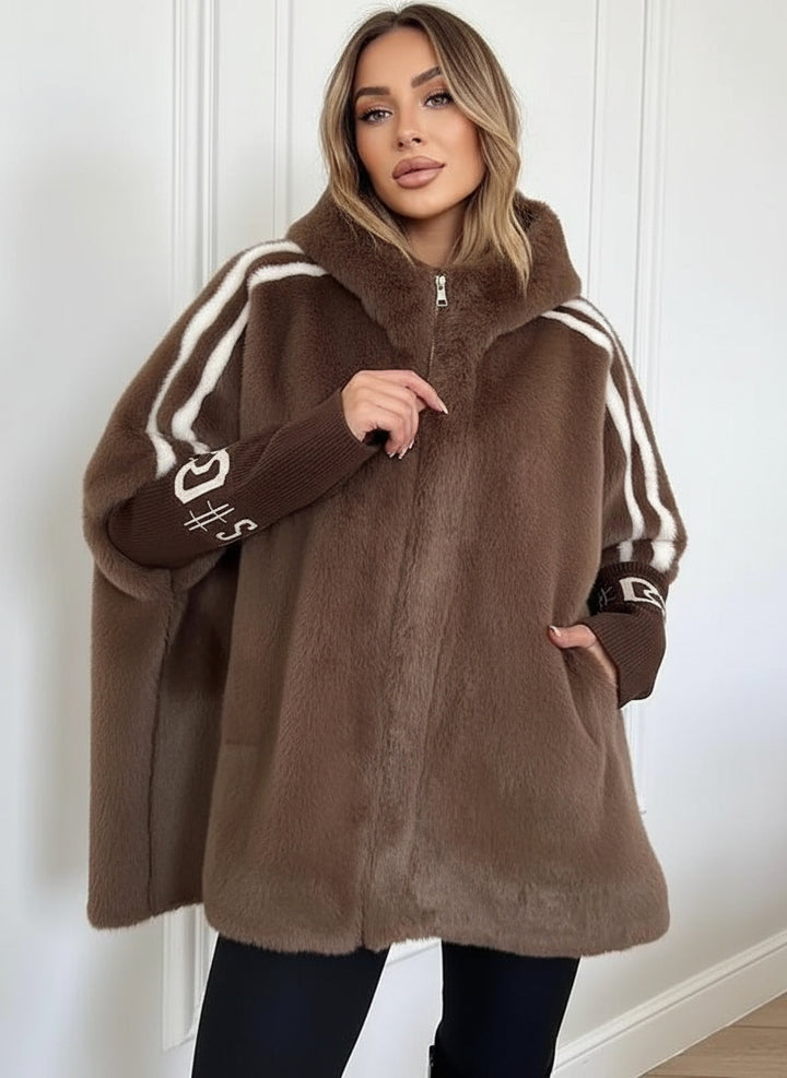 Elena - Vertical Stripe Printed Plush Hooded Coat
