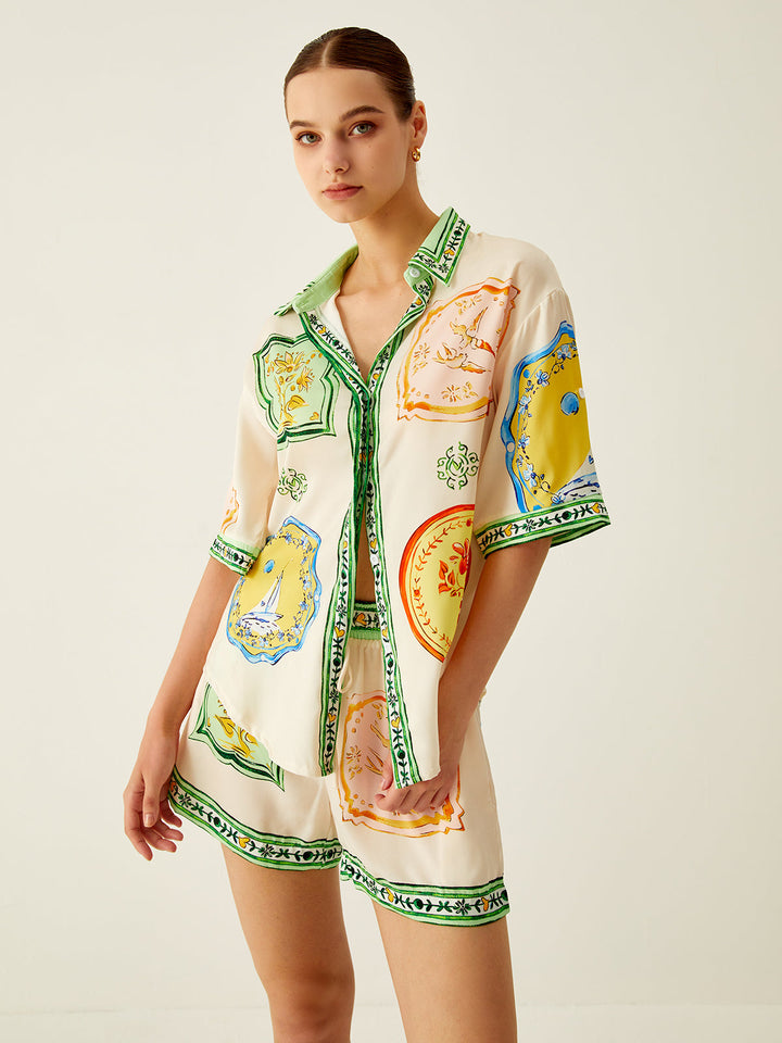 Loosen Printed Satin Shorts Set