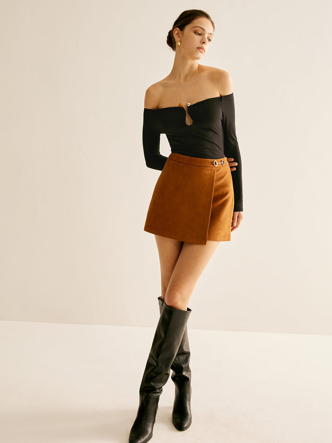 Metal-Detail Suede Effect Mini Skirt