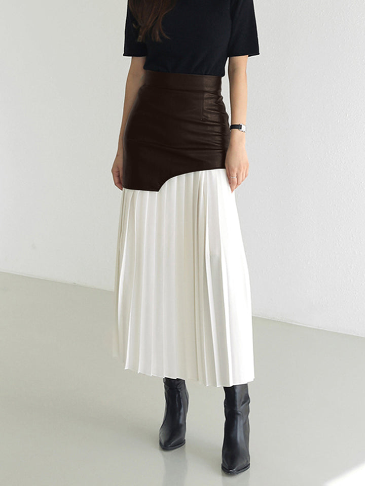 Asymmetric Patchwork Faux Leather Chiffon Pleated Maxi Skirt