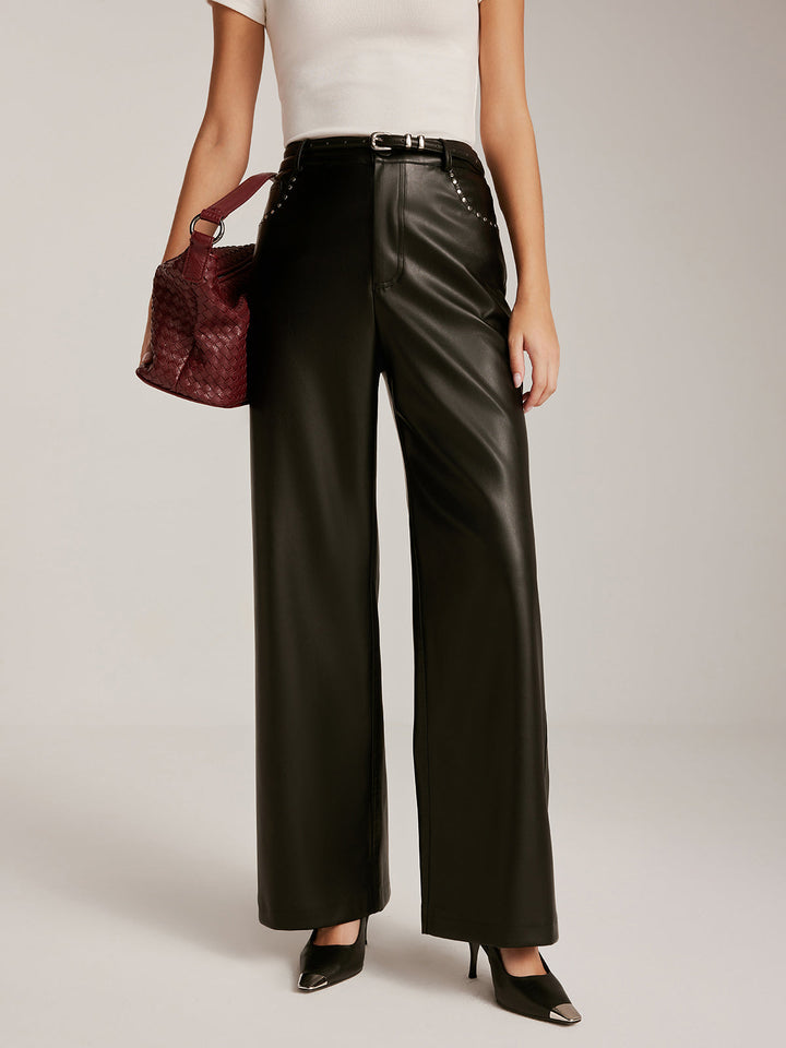 Studded-Decor PU Leather Straight Pants