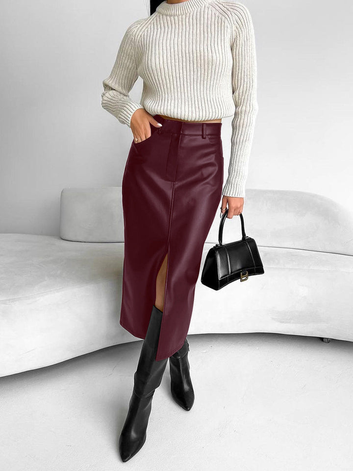 Faux Leather Slit Midi Skirt