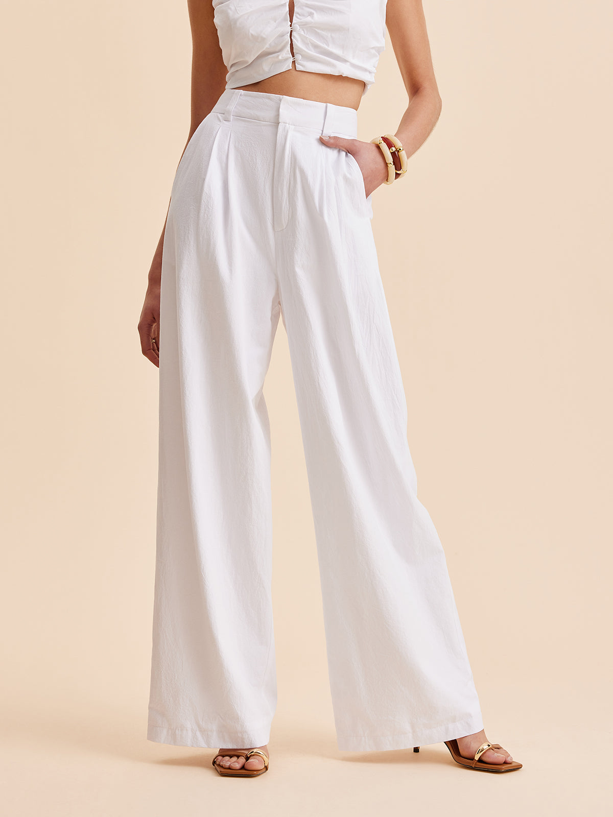 Cotton Mid-Waist Wide-Leg Pants With Pockets