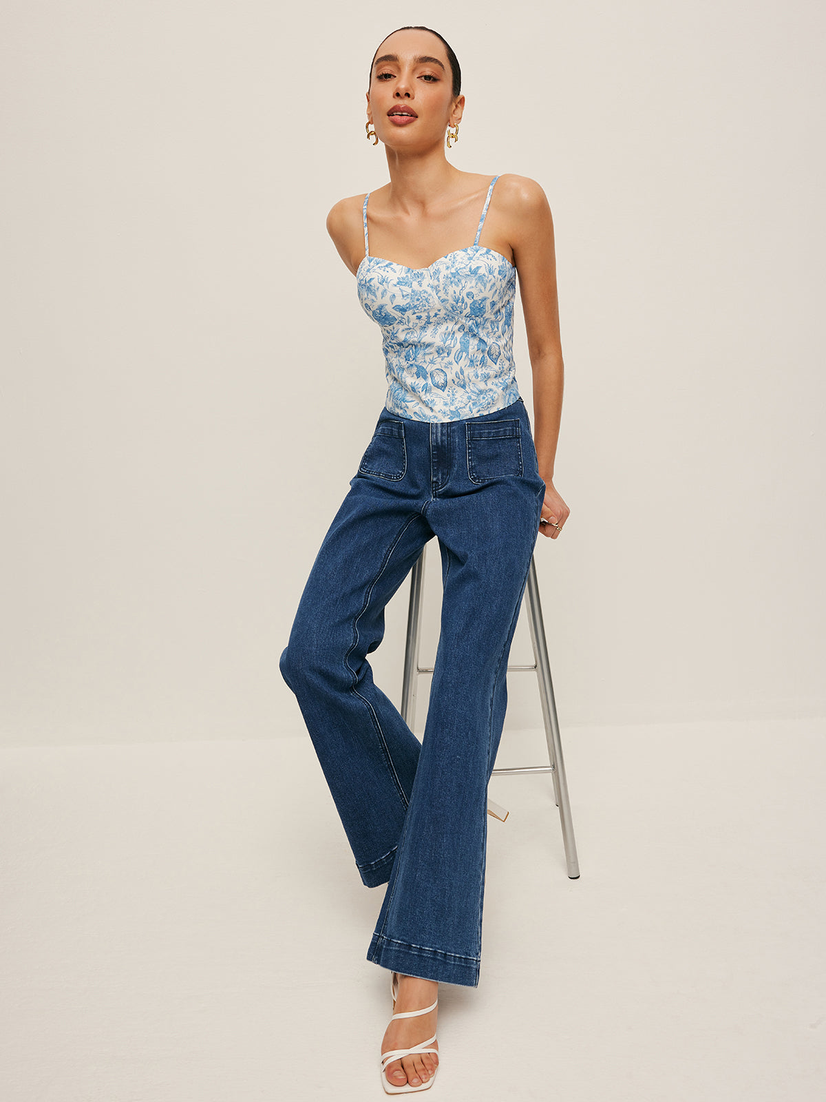 High-Waist Pocket Detail Wide-Leg Jeans