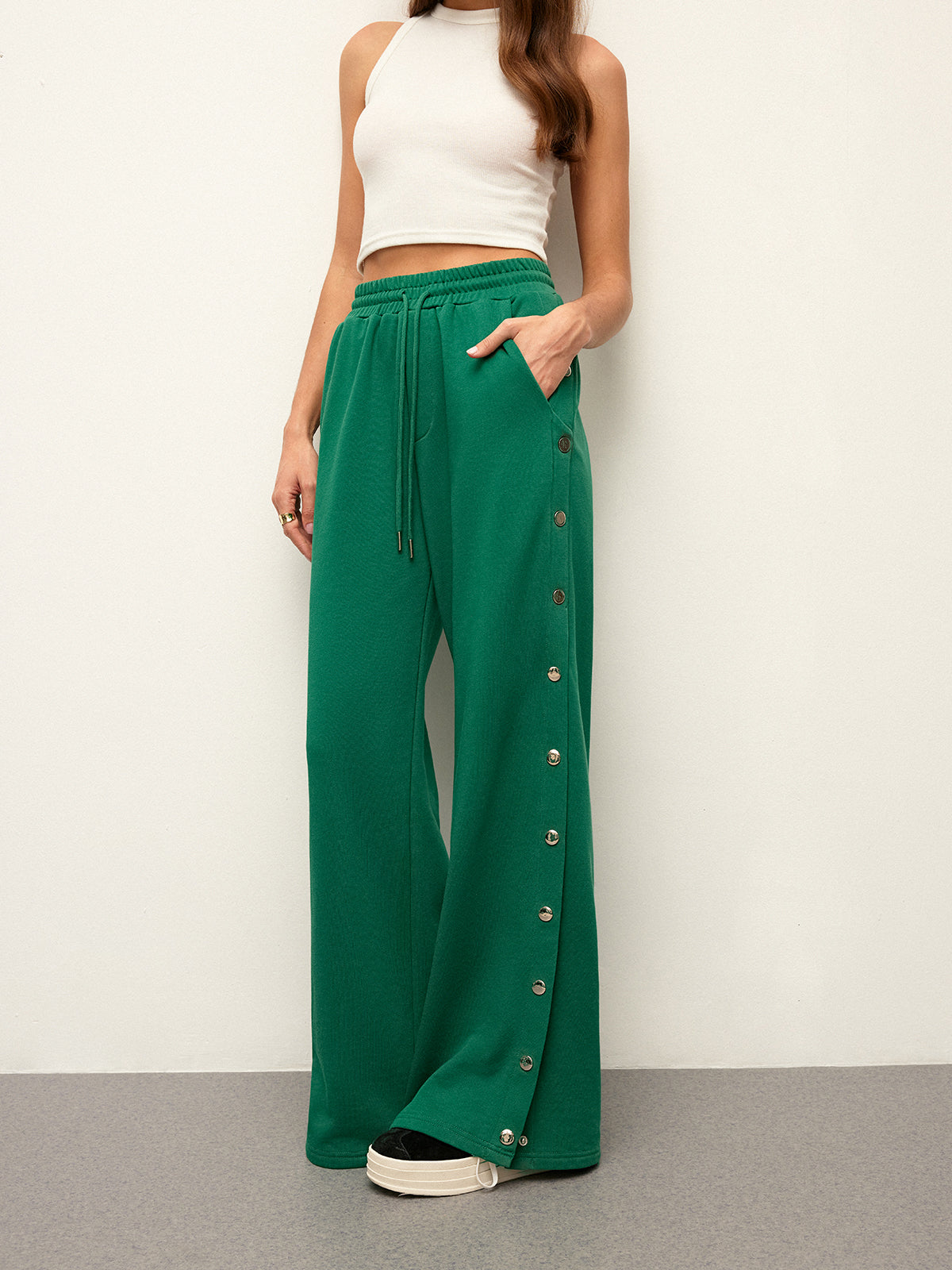 Mid-Waist Drawstring Sweatpants With Button Side Detail