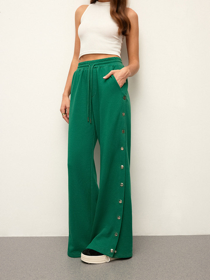 Mid-Waist Drawstring Sweatpants With Button Side Detail
