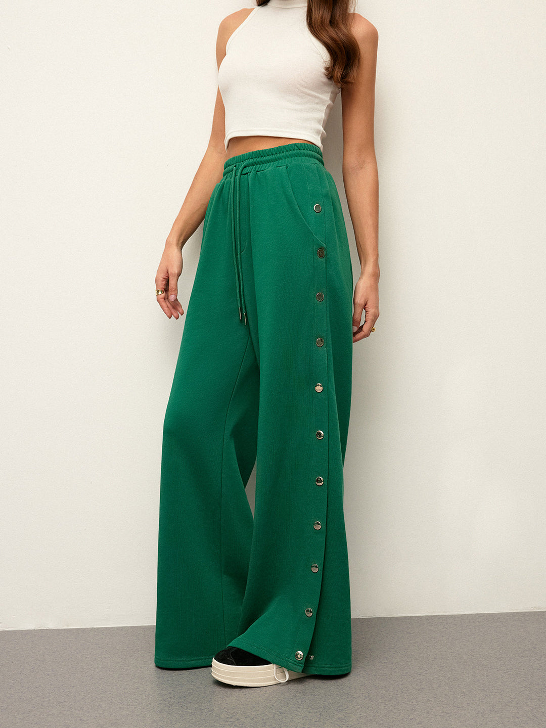 Mid-Waist Drawstring Sweatpants With Button Side Detail