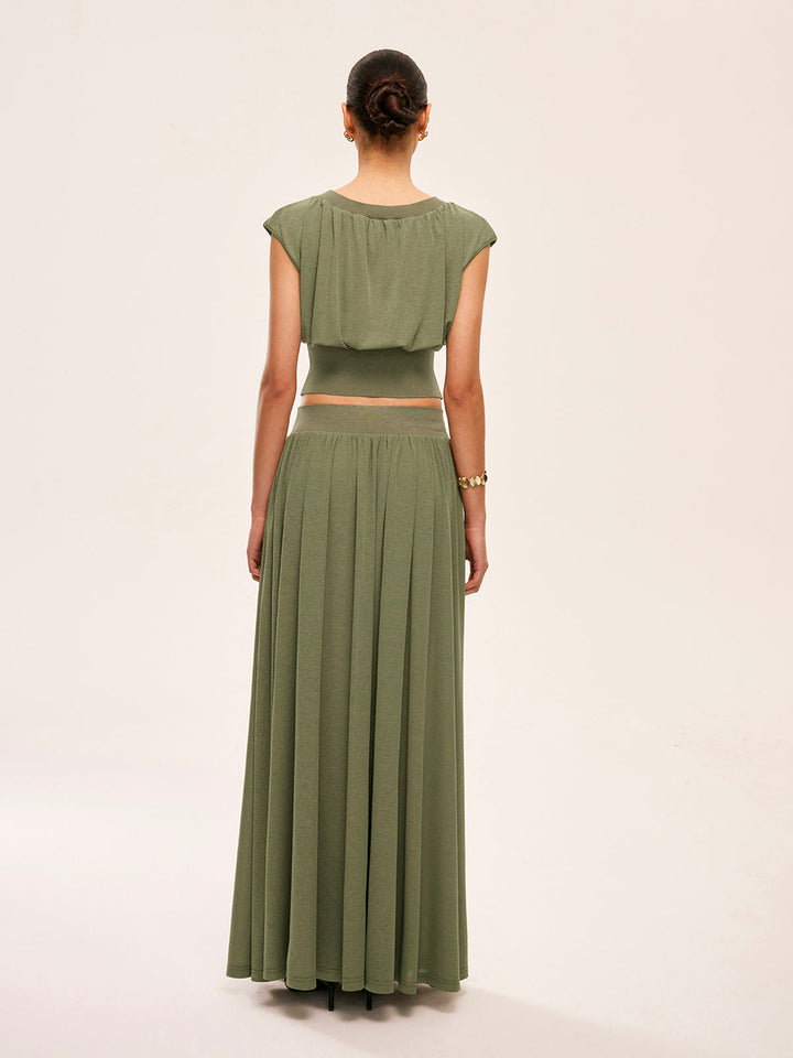 Gathered Waist Top With Flowy Skirt Set