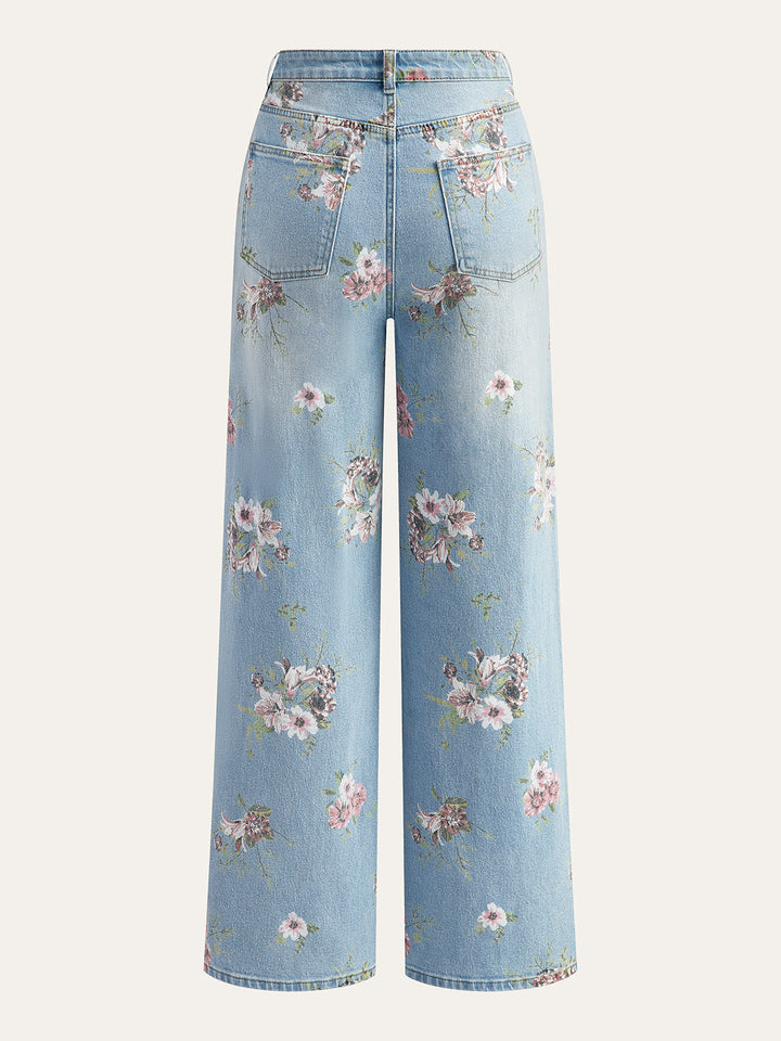 Floral Print Mid-Waist Denim Pants