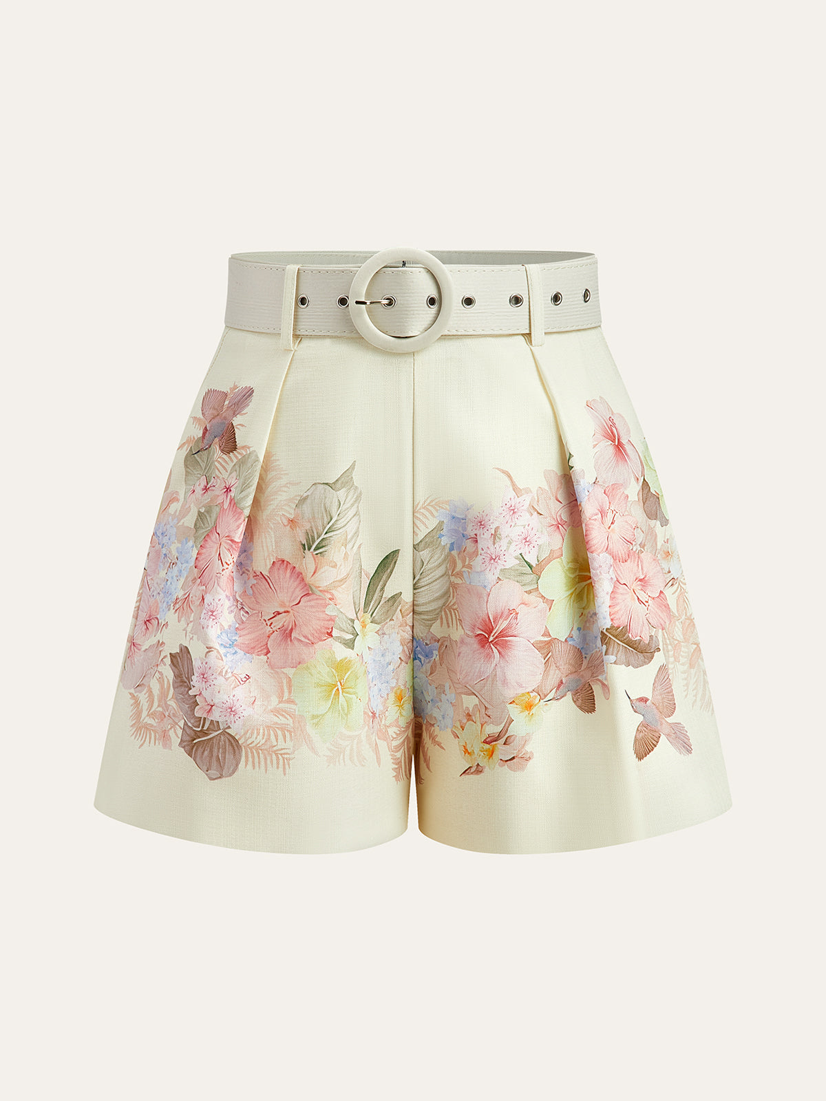 Floral Print Three-Piece Shorts Set With Belt