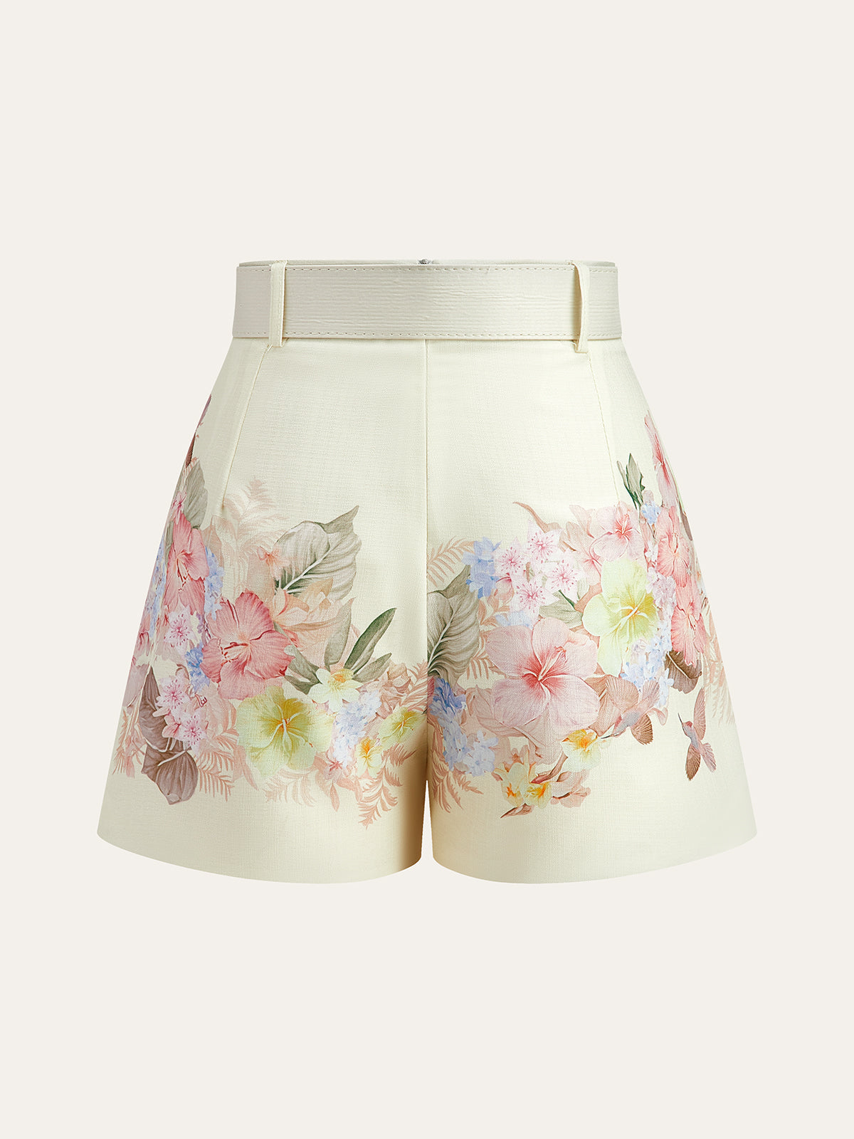Floral Print Three-Piece Shorts Set With Belt