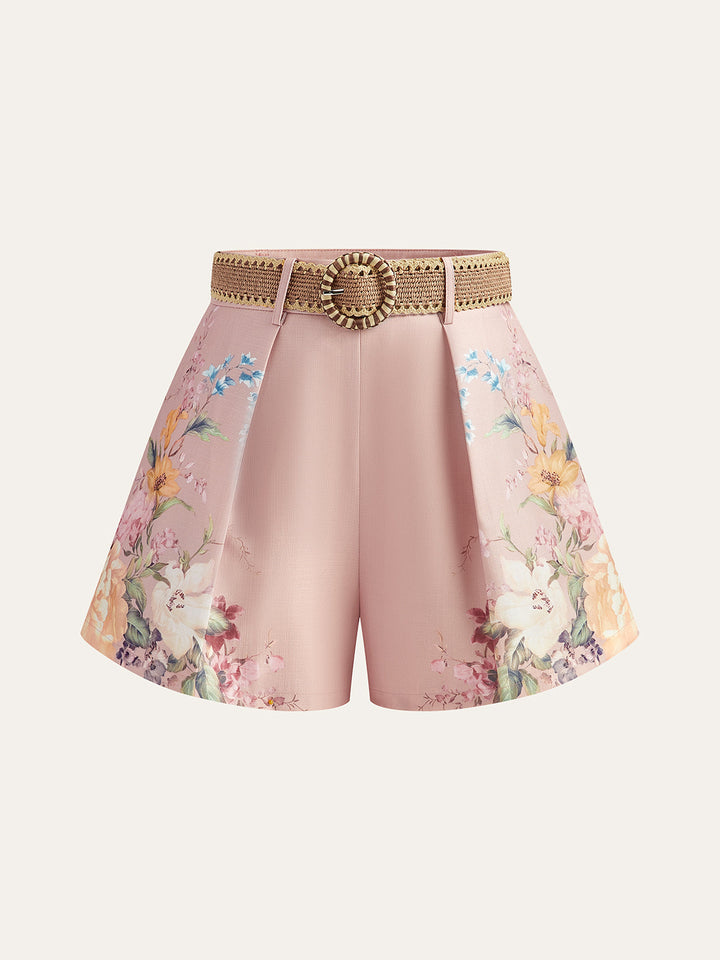 Floral Print Belted Shorts