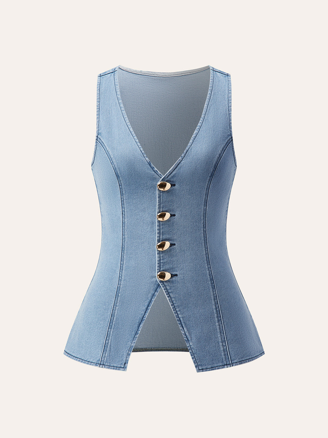 Metal Button Tie-Back Denim V-Neck Shorts Set