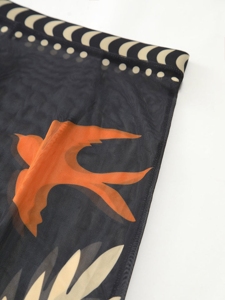 Bird Print Mesh Cover Up Maxi Skirt