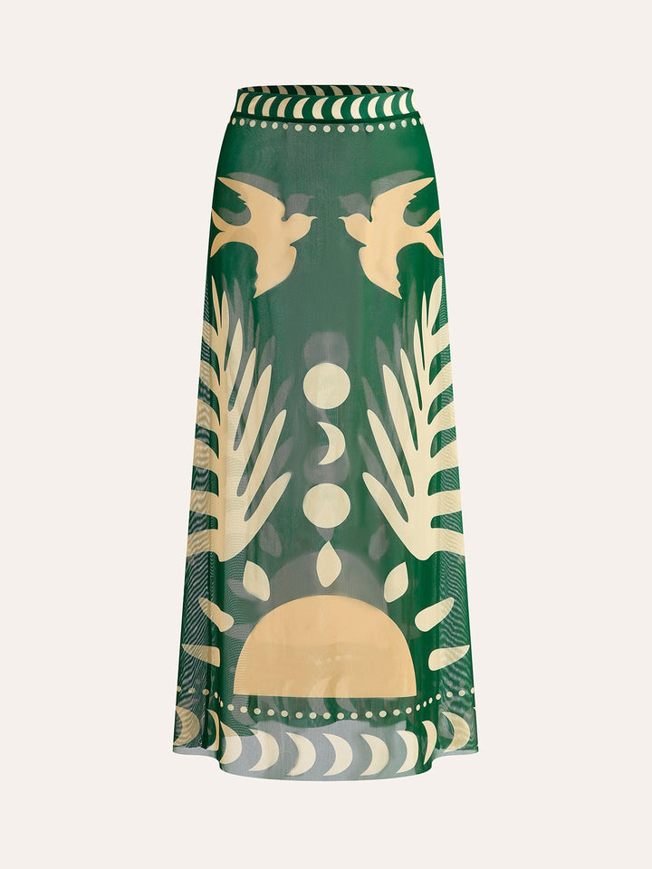 Bird Print Mesh Cover Up Maxi Skirt