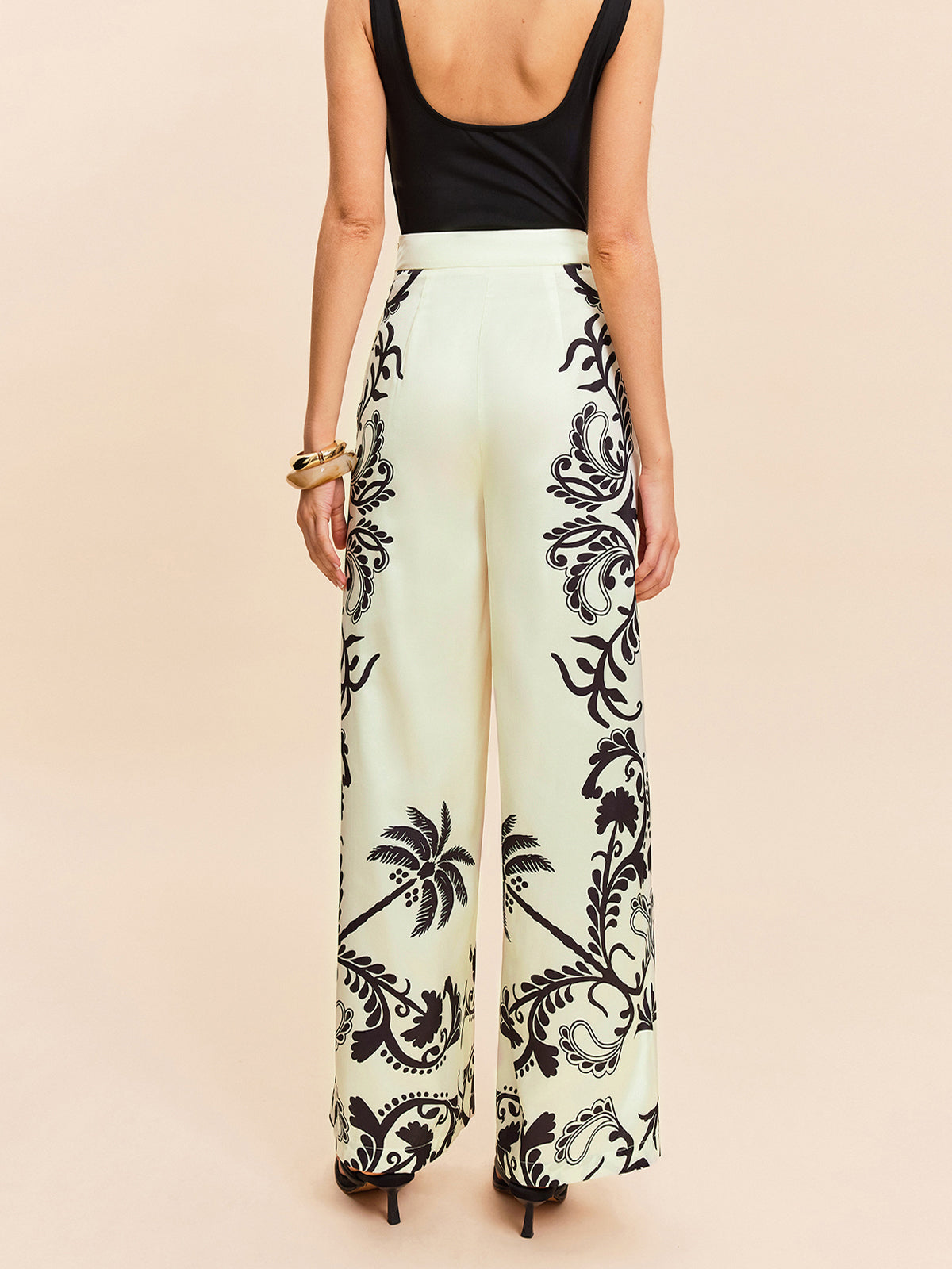 High-Waist Tropical Print Satin Pants