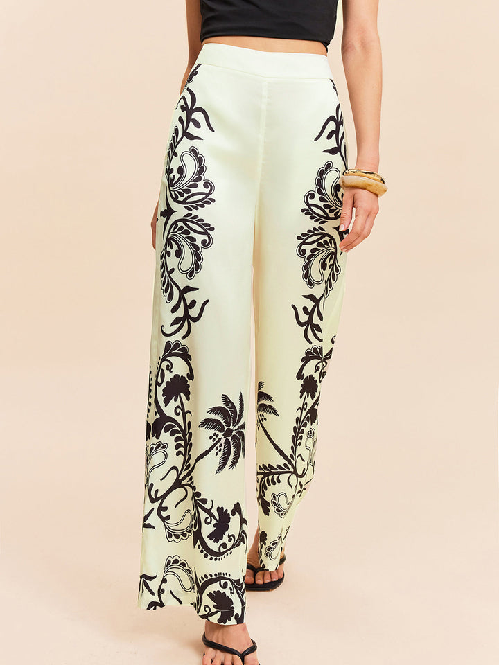 High-Waist Tropical Print Satin Pants