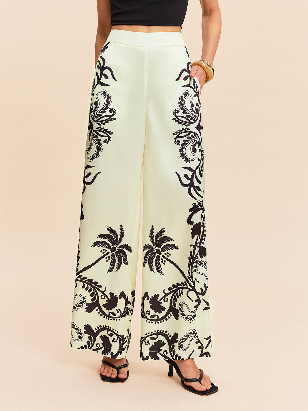 High-Waist Tropical Print Satin Pants