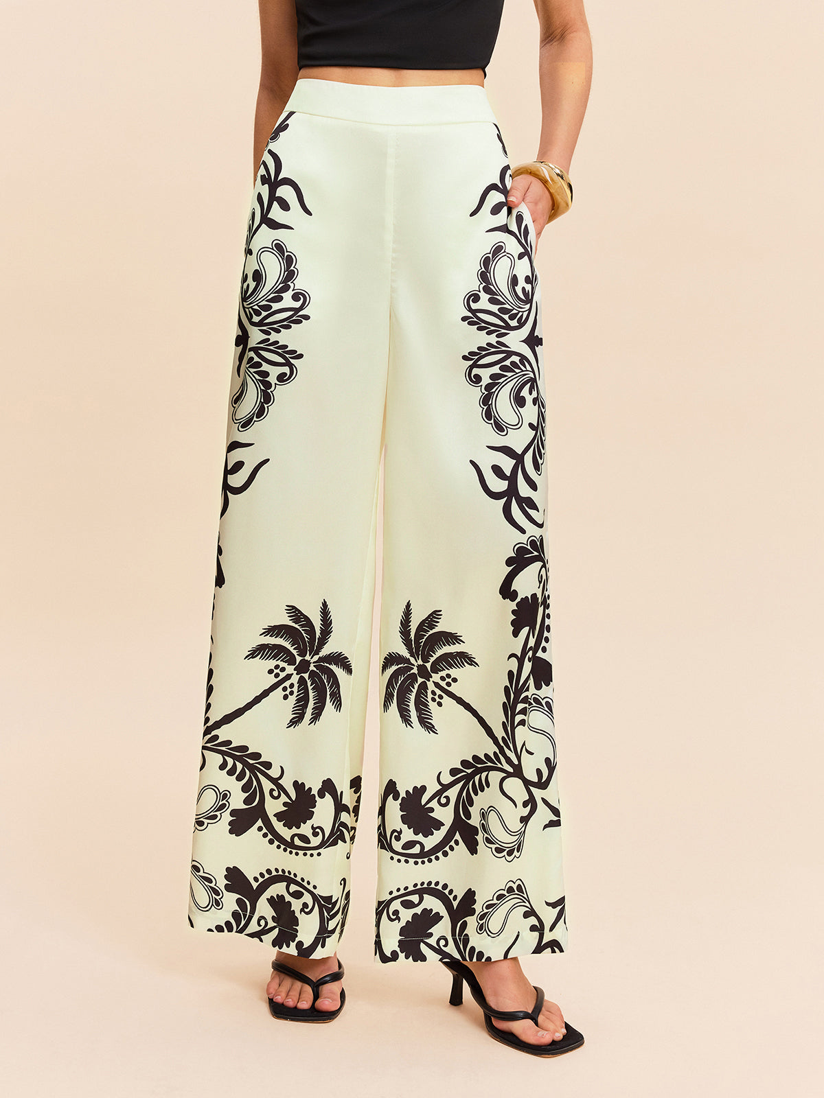 High-Waist Tropical Print Satin Pants