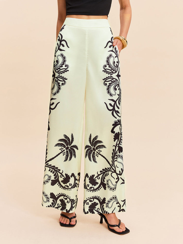 High-Waist Tropical Print Satin Pants