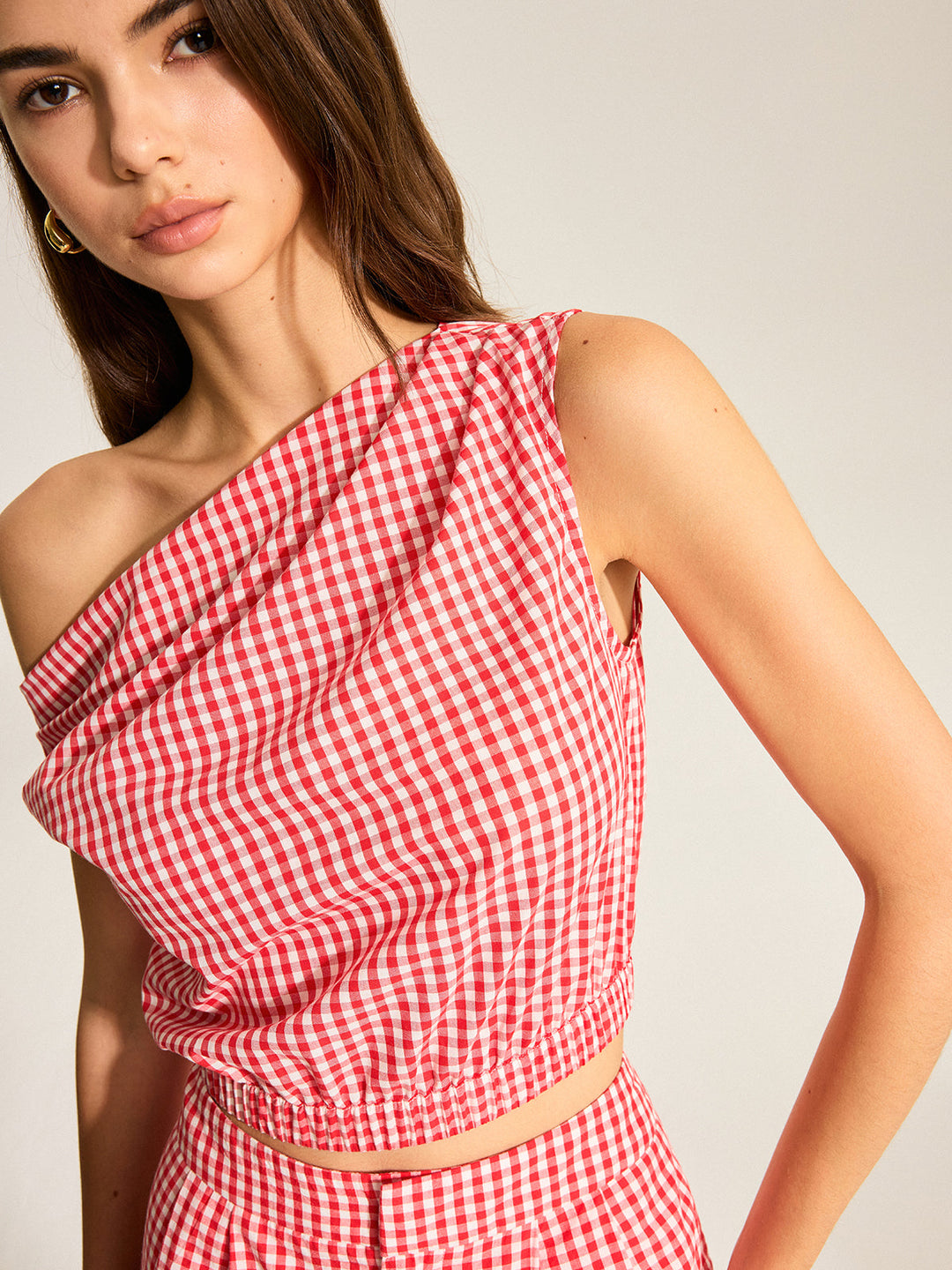 Gingham One-Shoulder Top and Shorts Set
