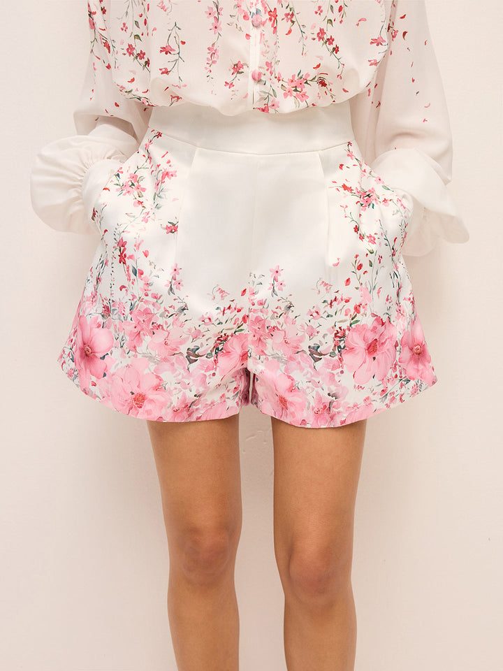 Floral Print Pleated Shorts Set Without Belt