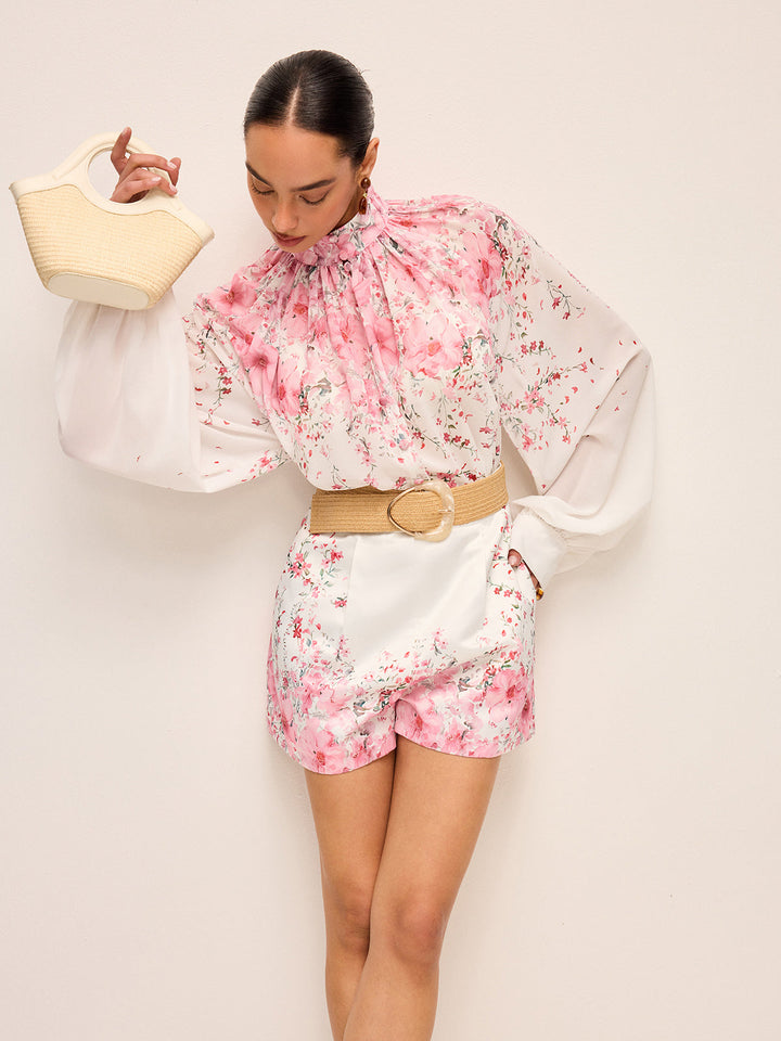 Floral Print Pleated Shorts Set Without Belt