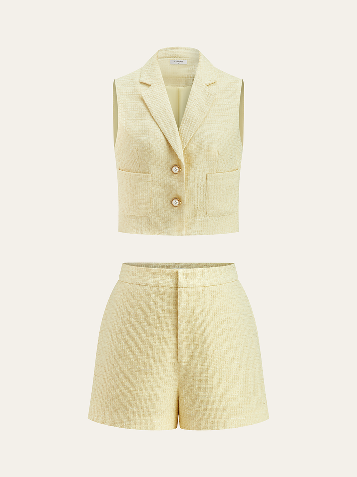 Pearl Button Tweed Vest and Shorts Set