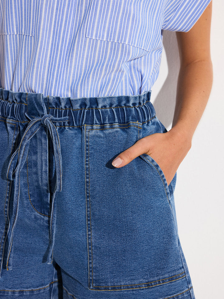 Denim Elastic-Waist Shorts with Drawstring