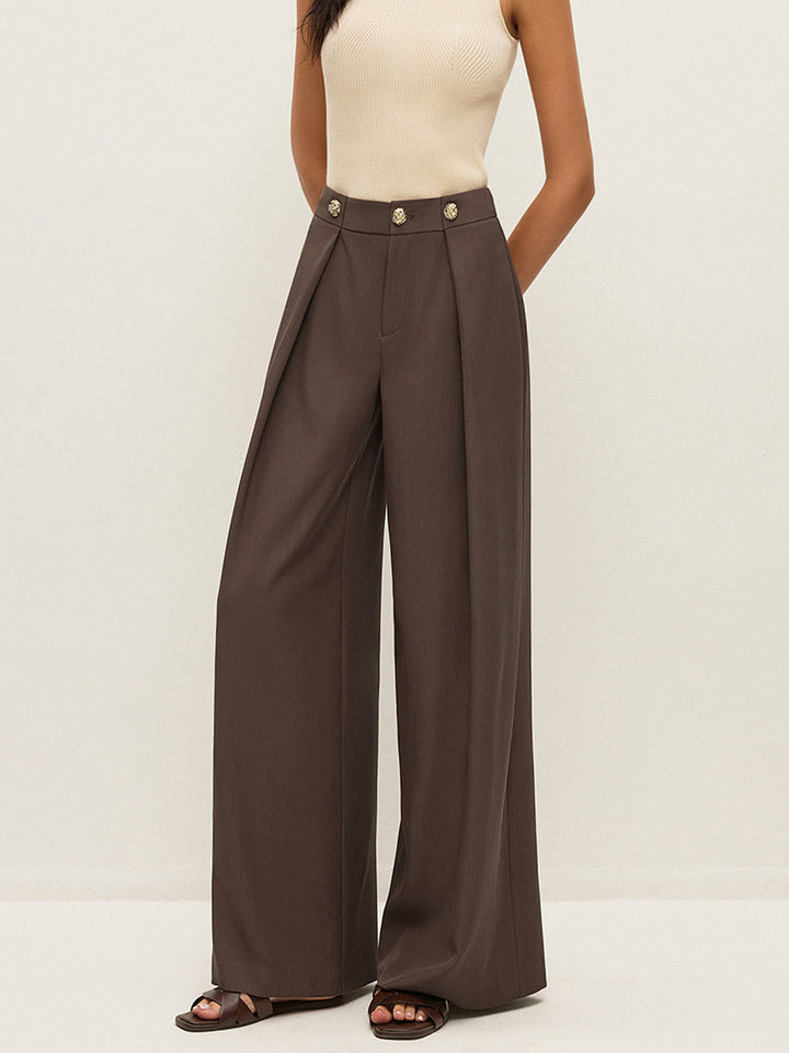 Mid-Waist Metal Detail Pleated Pants