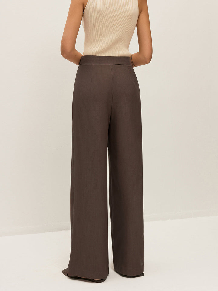 Mid-Waist Metal Detail Pleated Pants