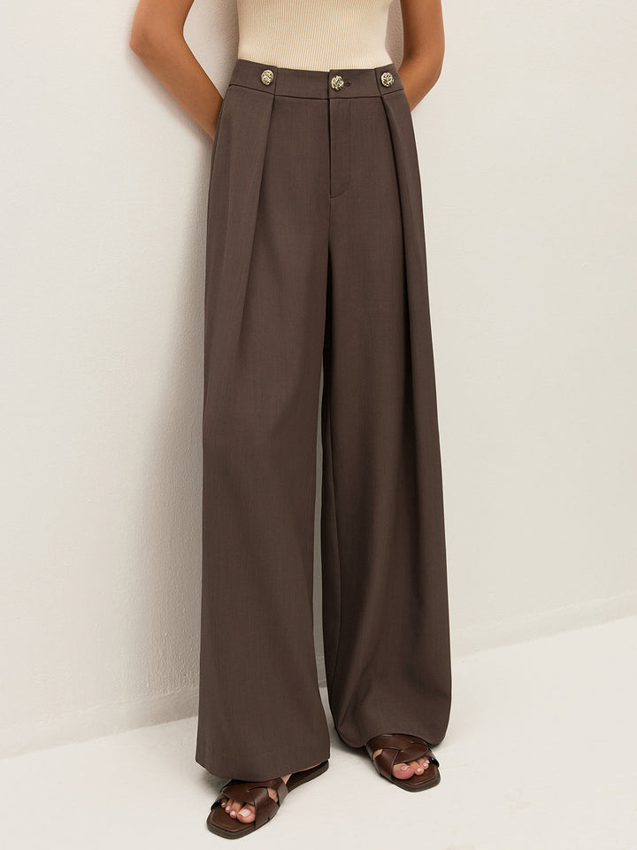 Mid-Waist Metal Detail Pleated Pants