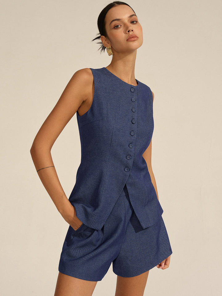 Sleeveless Button-Front Vest and Shorts Set